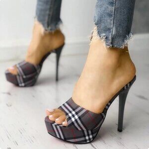 FSJ Grey Plaid Platform Mules Peep Toe Stiletto Heels for Women